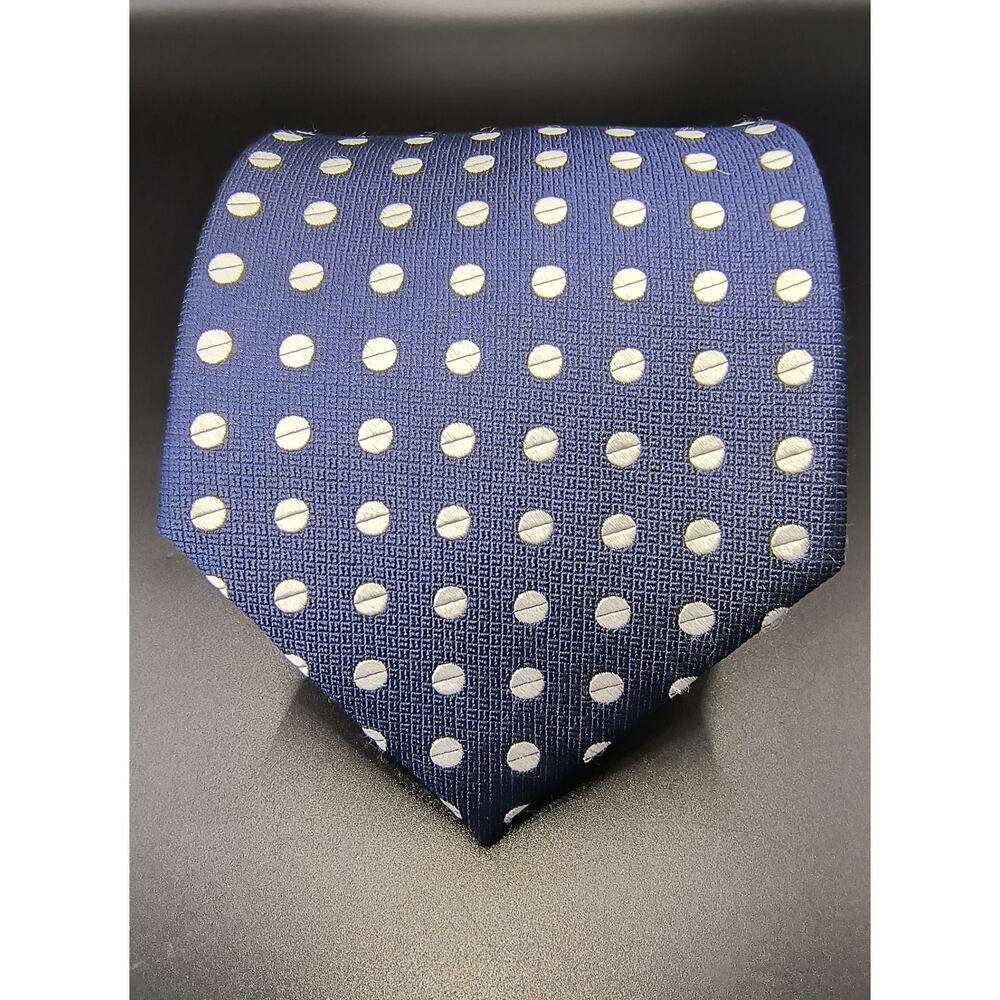 Rochester Couture Blue Tie w/ White Polka Dots - 100% Silk - 64 3/4" x 4"